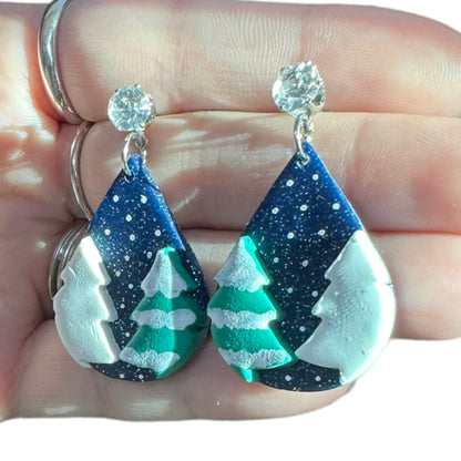 Hypoallergenic Christmas Hand Painted Trees at Night Teardrop Dangle Clay Earrings