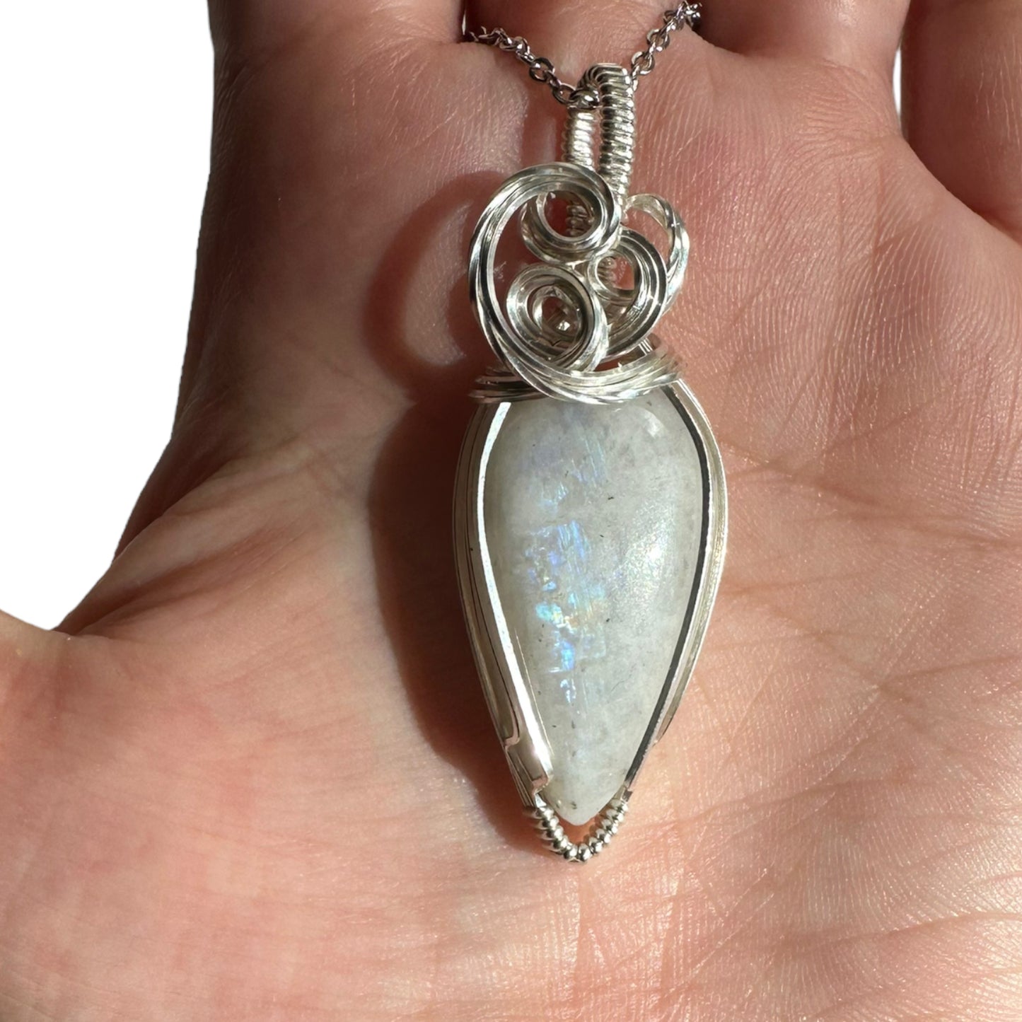 Sterling Silver Wire Wrapped Rainbow Moonstone Crystal Bezel Pendant