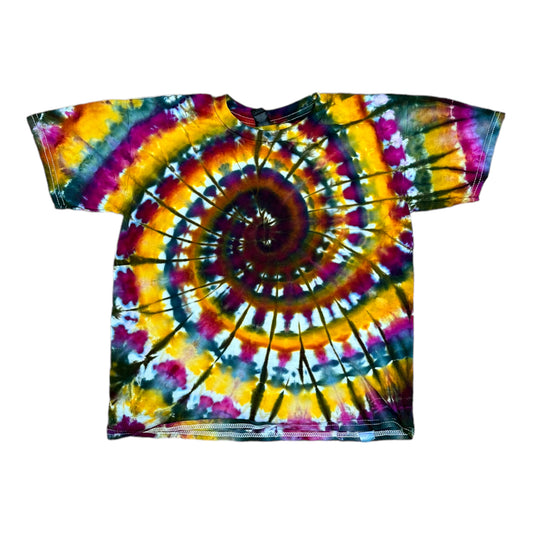 Youth Medium Yellow Blue Purple and Green Spiral Ice Dye Tie Dye Shirt