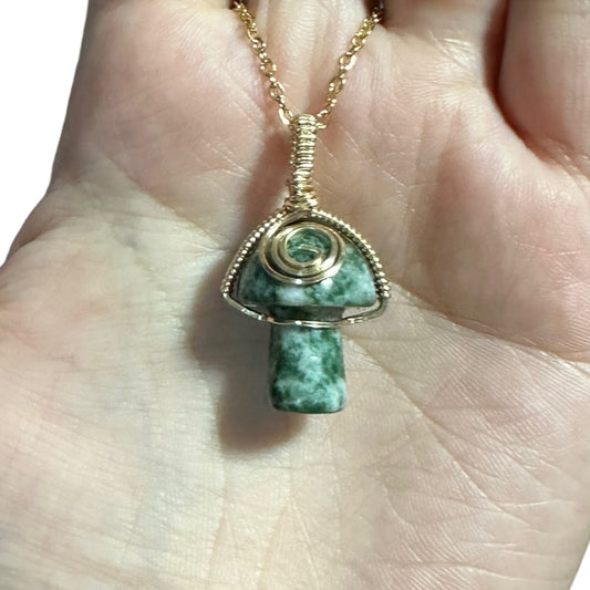 Sterling Silver | 14KT Gold Filled Wire Wrapped Moss Agate Crystal Mushroom Pendant