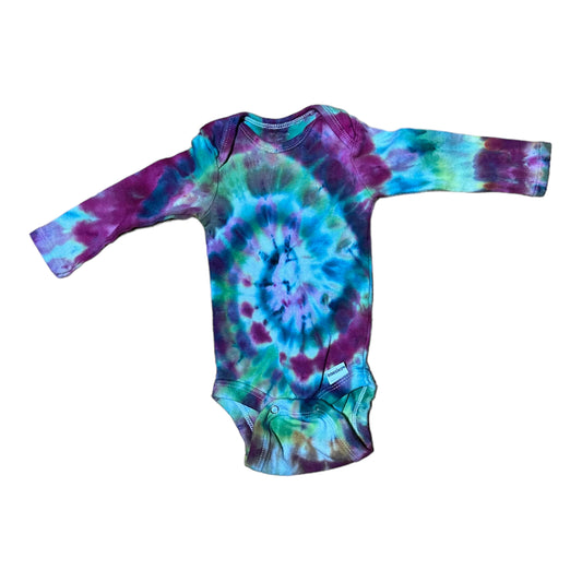 Infant 0-3 Months Fuchsia Blue and Green Spiral Ice Dye Tie Dye Long sleeve Onesie