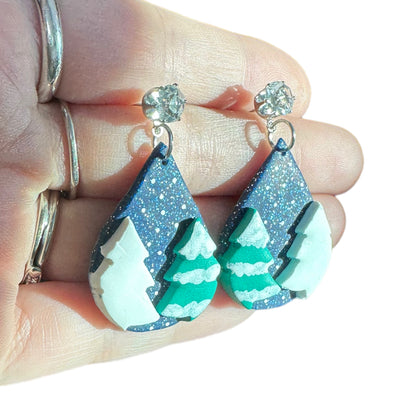 Hypoallergenic Christmas Hand Painted Trees at Night Teardrop Dangle Clay Earrings