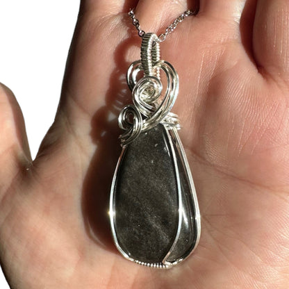 Sterling Silver Wire Wrapped Silver Sheen Obsidian Crystal Bezel Pendant