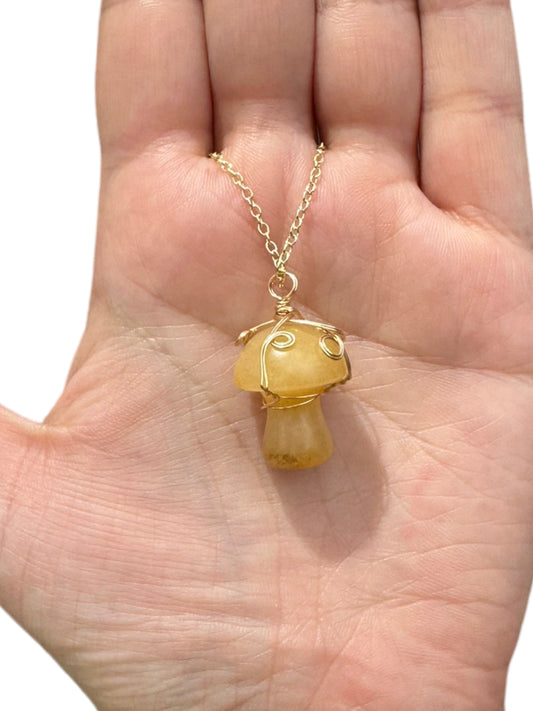 Sterling Silver | 14KT Gold Filled Wire Wrapped Yellow Jade Crystal Mushroom Pendant