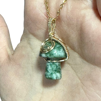 Sterling Silver | 14KT Gold Filled Wire Wrapped Moss Agate Crystal Mushroom Pendant