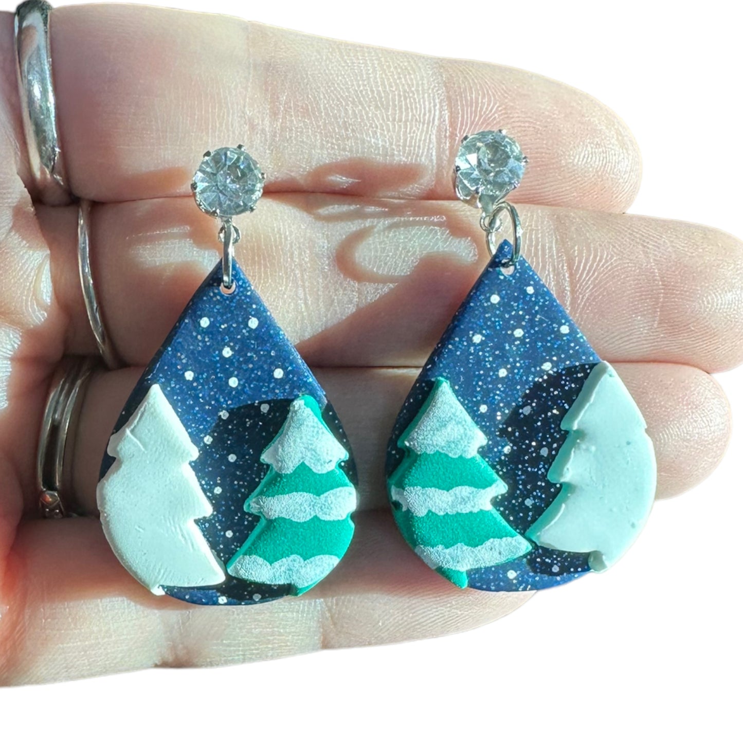 Hypoallergenic Christmas Hand Painted Trees at Night Teardrop Dangle Clay Earrings