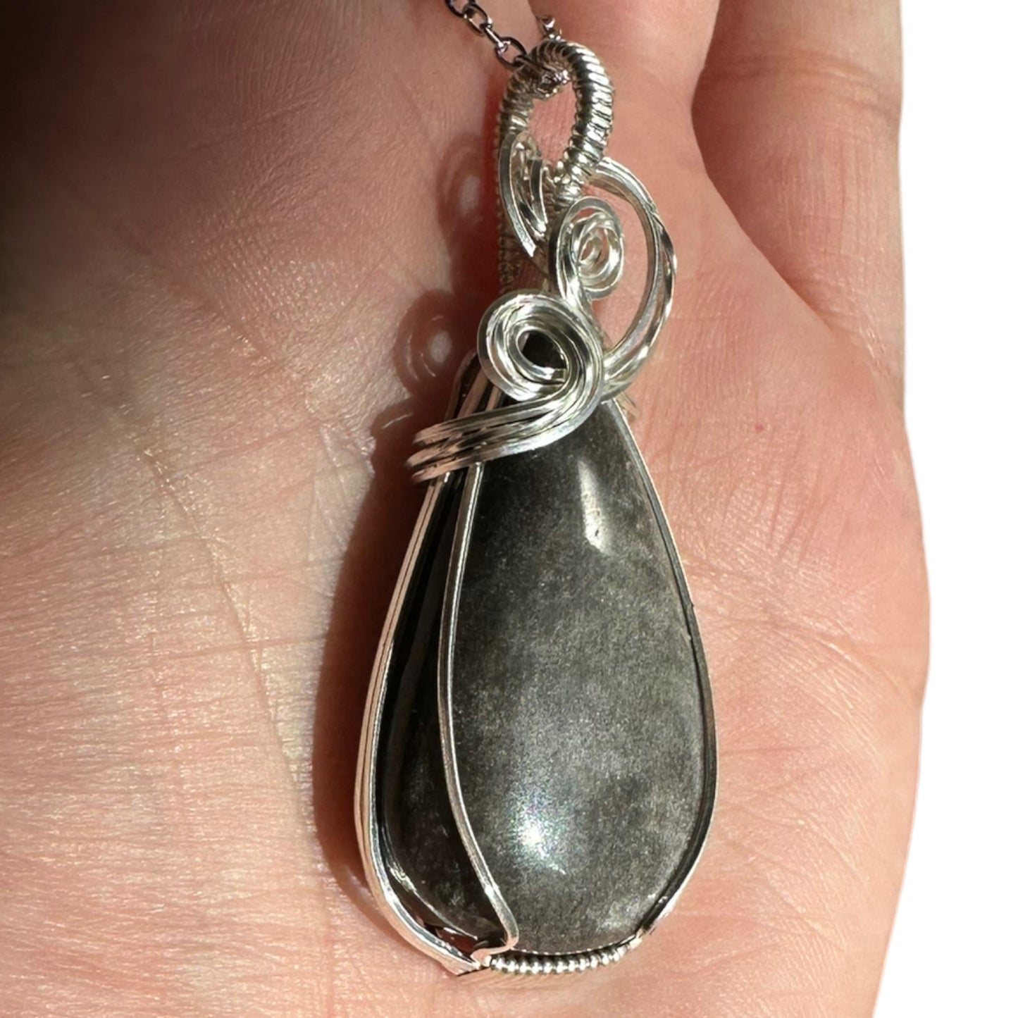 Sterling Silver Wire Wrapped Silver Sheen Obsidian Crystal Bezel Pendant