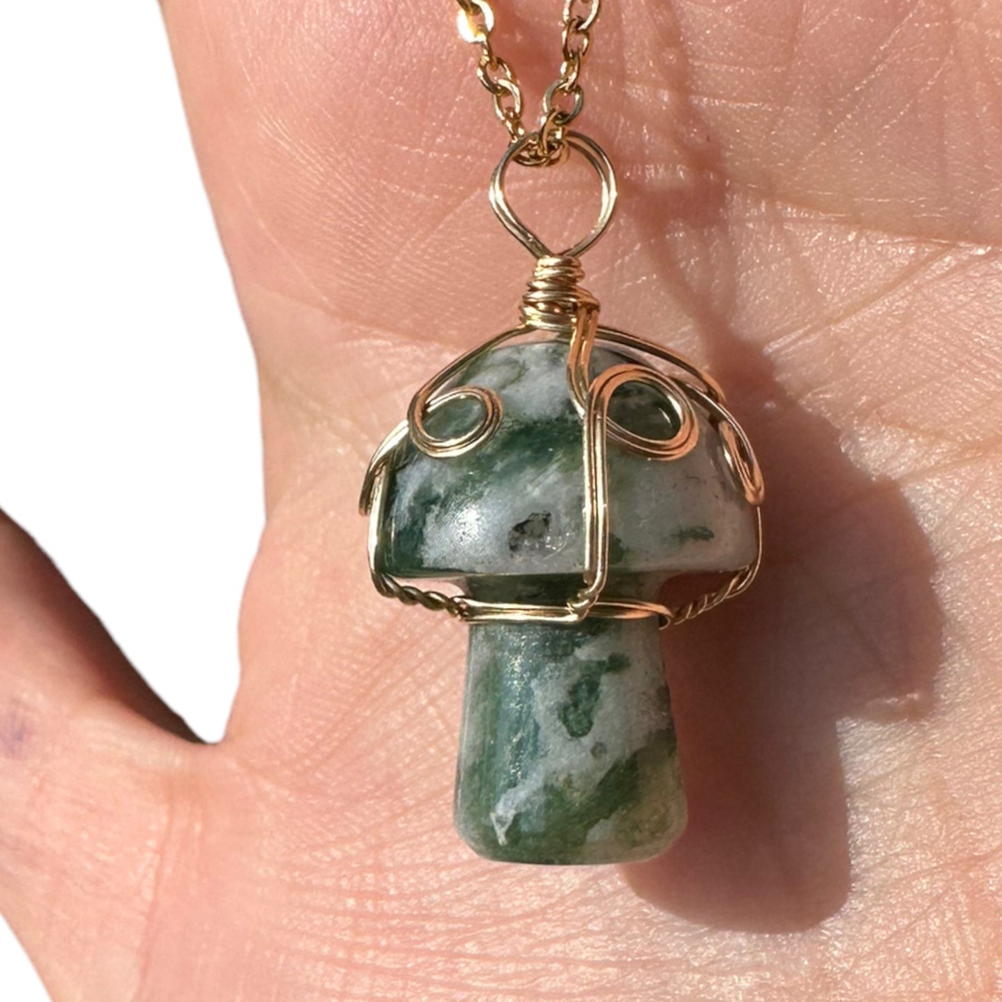 Sterling Silver | 14KT Gold Filled Wire Wrapped Moss Agate Crystal Mushroom Pendant