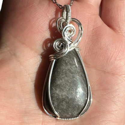 Sterling Silver Wire Wrapped Silver Sheen Obsidian Crystal Bezel Pendant