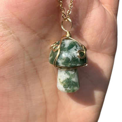 Sterling Silver | 14KT Gold Filled Wire Wrapped Moss Agate Crystal Mushroom Pendant