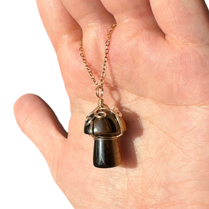 Sterling Silver | 14KT Gold Filled Wire Wrapped Tiger's Eye Crystal Mushroom Pendant