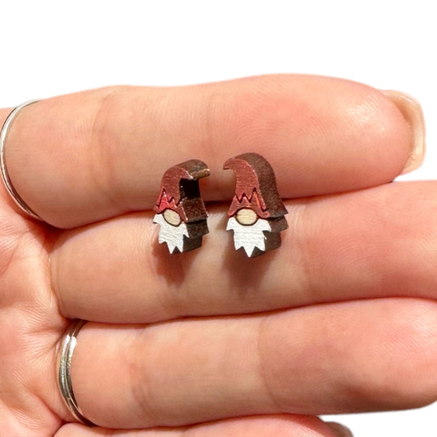 Metallic Blue | Pink | Red Hypoallergenic Hand Painted Gnome Engraved Wood Stud Earrings