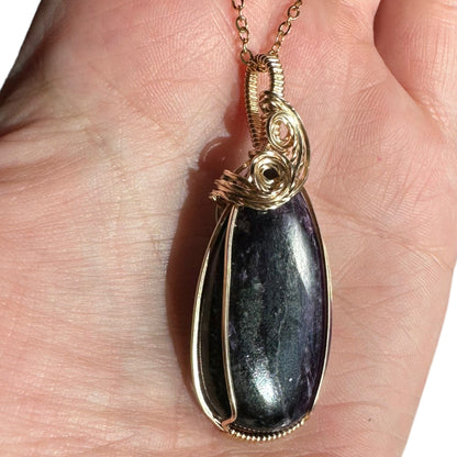 14 KT Gold Filled Wire Wrapped Charoite Crystal Bezel Pendant