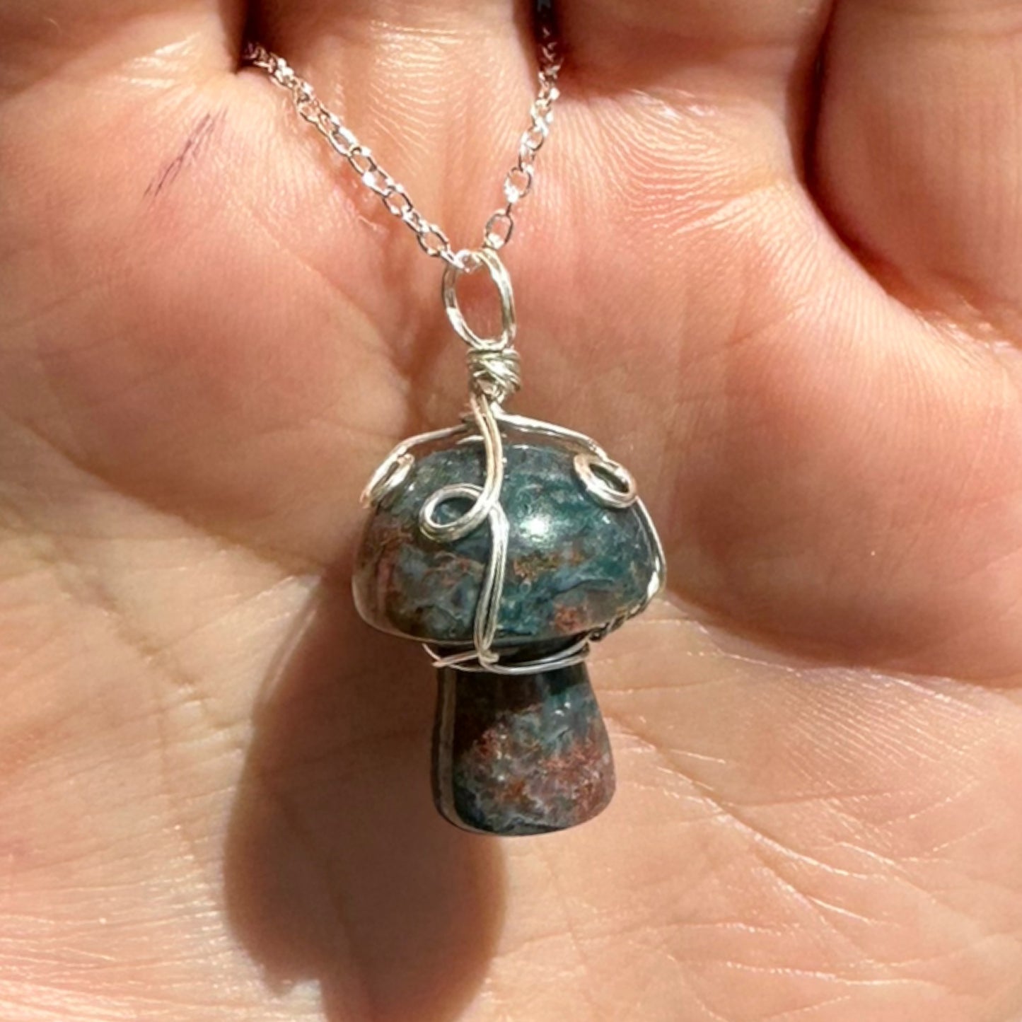 Sterling Silver | 14KT Gold Filled Wire Wrapped Moss Agate Crystal Mushroom Pendant