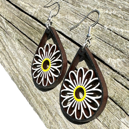 Hypoallergenic Hand Painted Daisy Laser Engraved Dangle Wood Earrings