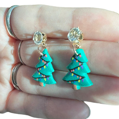 Hypoallergenic Hand Painted Christmas Tree Dangle Clay Earrings