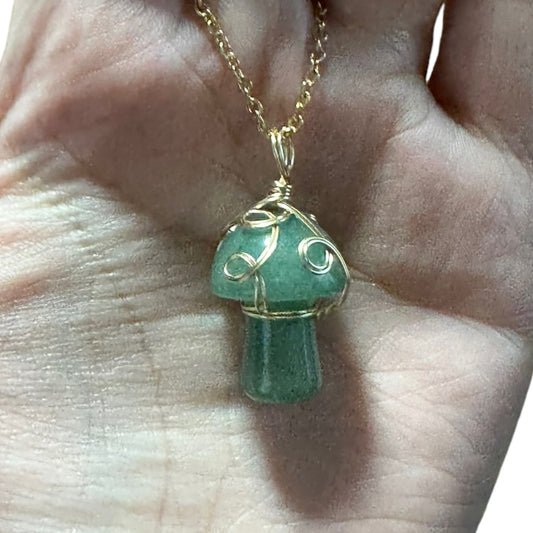 Sterling Silver | 14KT Gold Filled Wire Wrapped Green Aventurine Mushroom Pendant