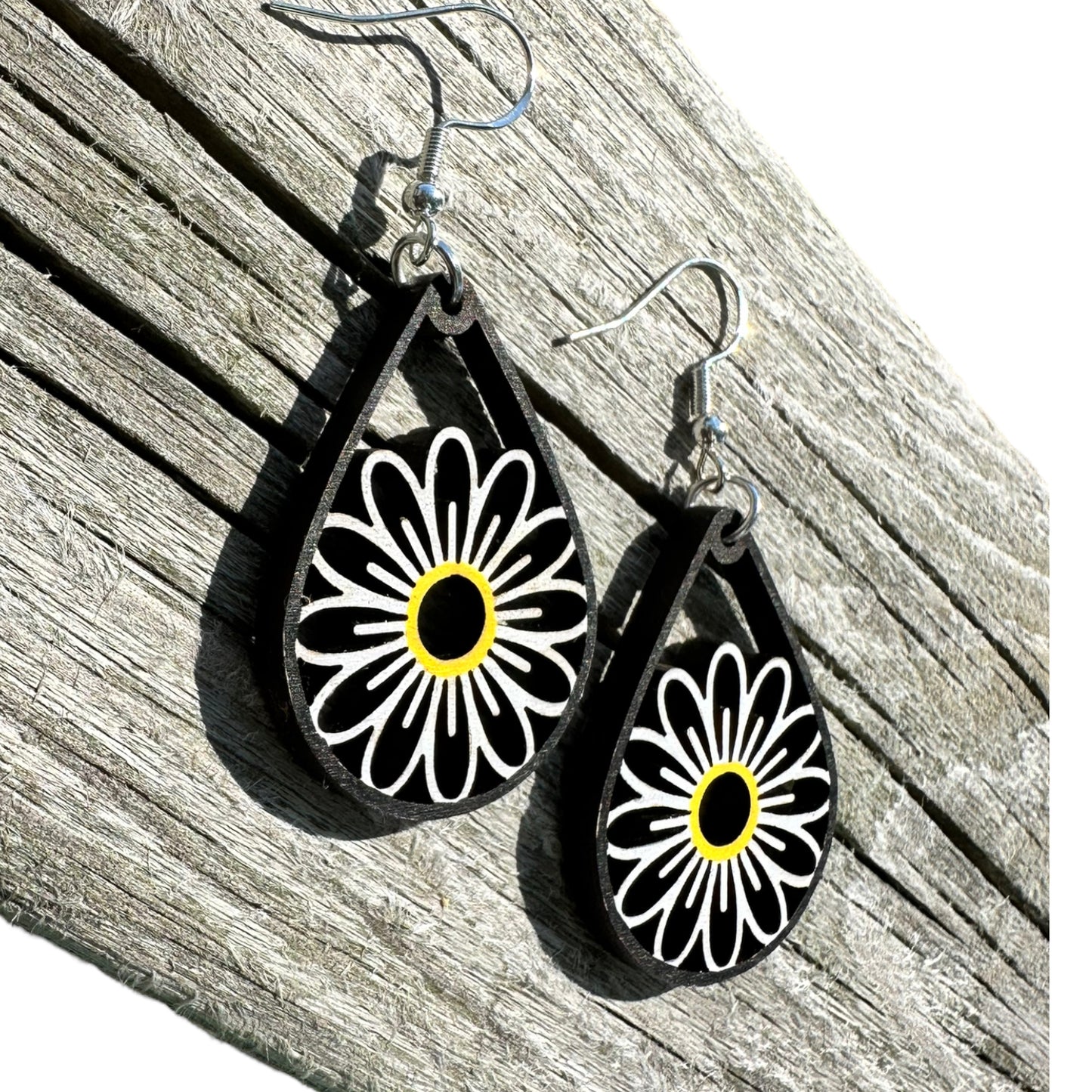 Hypoallergenic Hand Painted Daisy Laser Engraved Dangle Wood Earrings