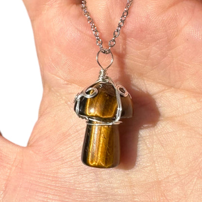 Sterling Silver | 14KT Gold Filled Wire Wrapped Tiger's Eye Crystal Mushroom Pendant