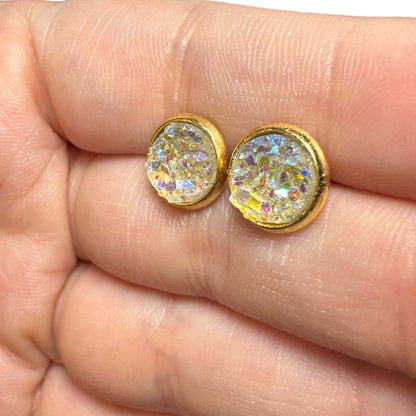 8MM Hypoallergenic Iridescent Sparkle Druzy Earring Studs