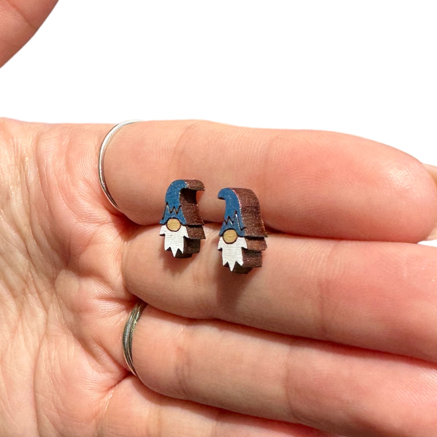 Metallic Blue | Pink | Red Hypoallergenic Hand Painted Gnome Engraved Wood Stud Earrings