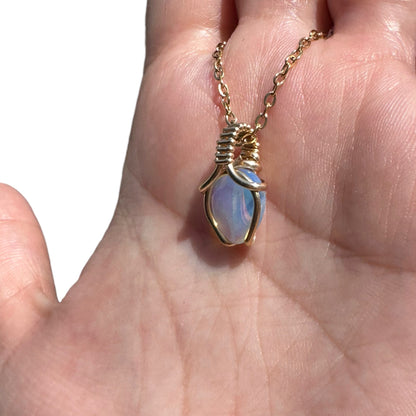 Sterling Silver | 14KT Gold Filled Mini Teardrop Opalite Wishbone Wire Wrapped Pendant