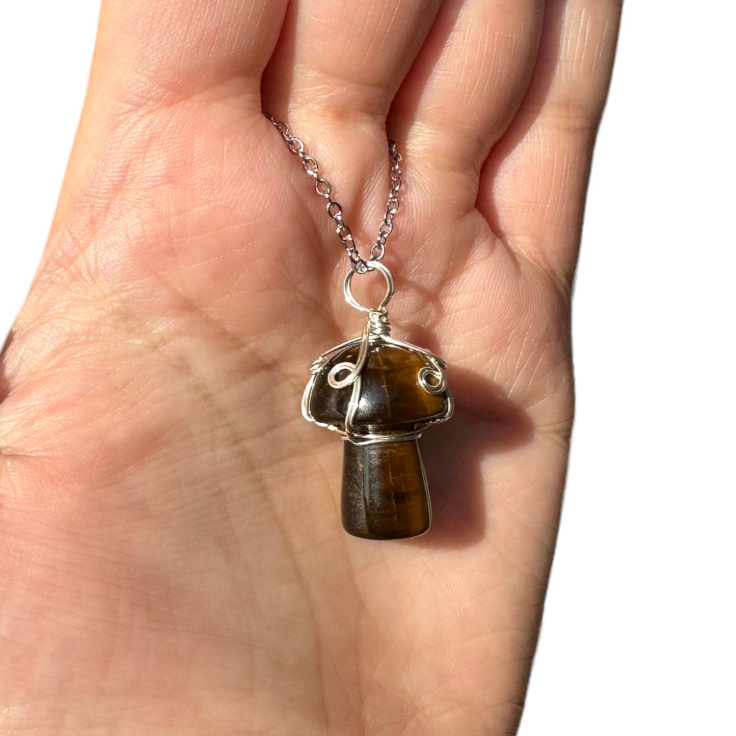 Sterling Silver | 14KT Gold Filled Wire Wrapped Tiger's Eye Crystal Mushroom Pendant