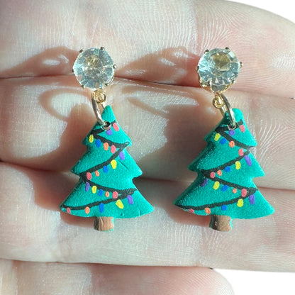 Hypoallergenic Hand Painted Christmas Tree Dangle Clay Earrings