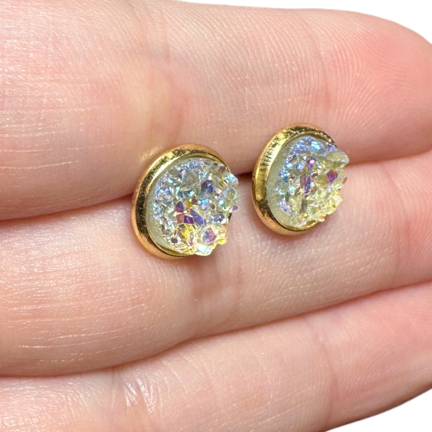 8MM Hypoallergenic Iridescent Sparkle Druzy Earring Studs