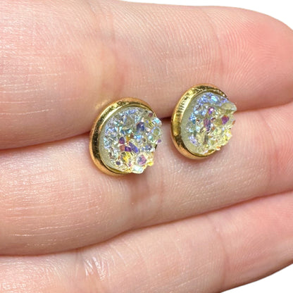 8MM Hypoallergenic Iridescent Sparkle Druzy Earring Studs