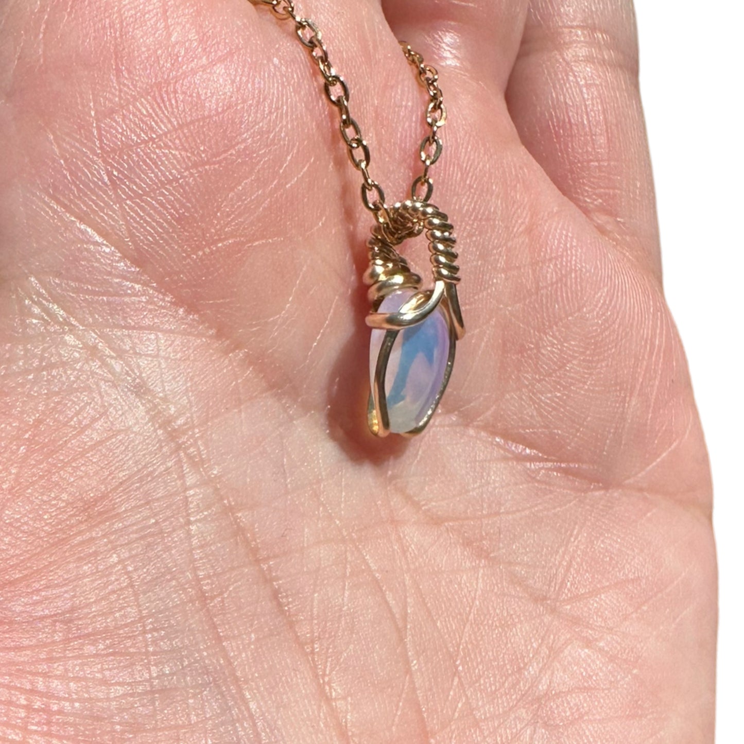 Sterling Silver | 14KT Gold Filled Mini Teardrop Opalite Wishbone Wire Wrapped Pendant