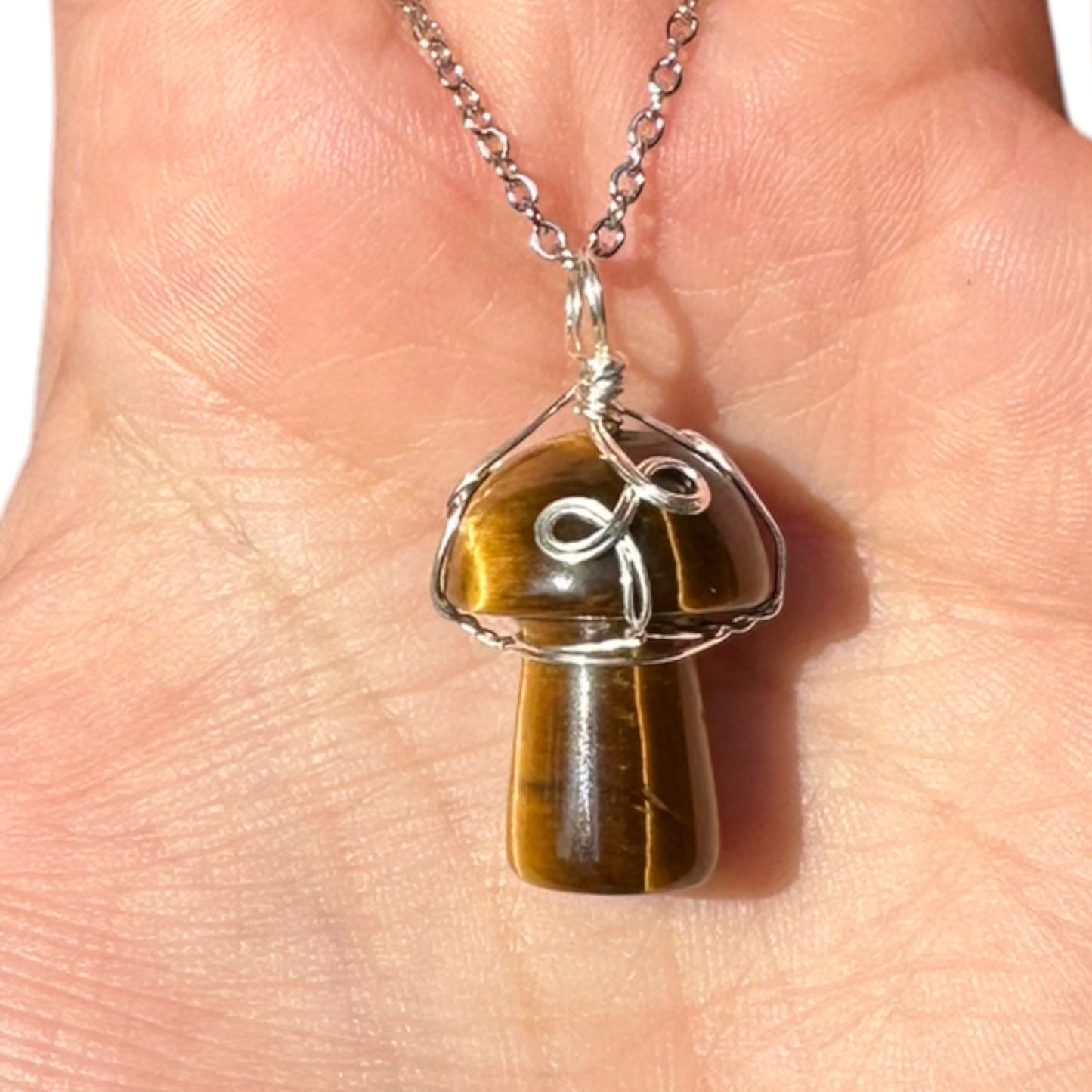 Sterling Silver | 14KT Gold Filled Wire Wrapped Tiger's Eye Crystal Mushroom Pendant