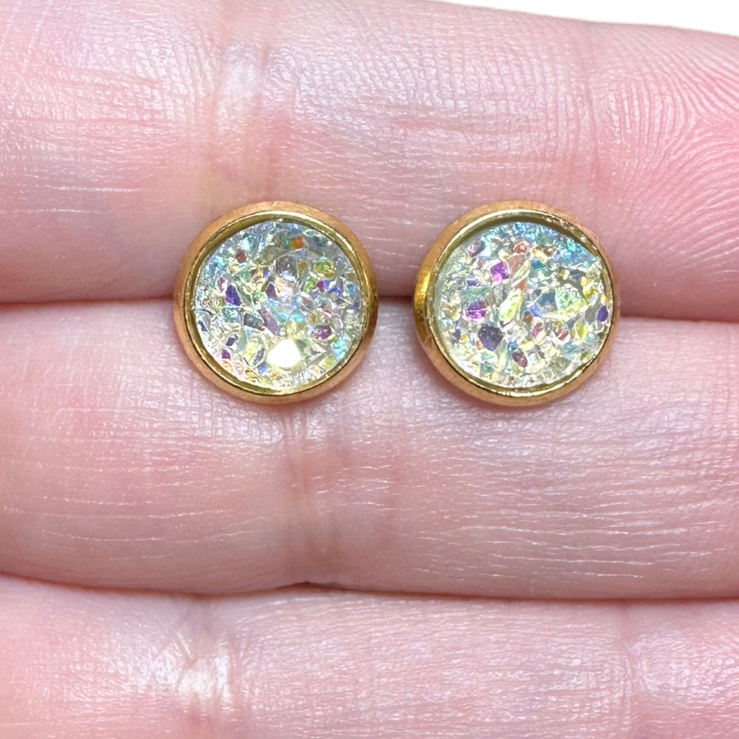 8MM Hypoallergenic Iridescent Sparkle Druzy Earring Studs