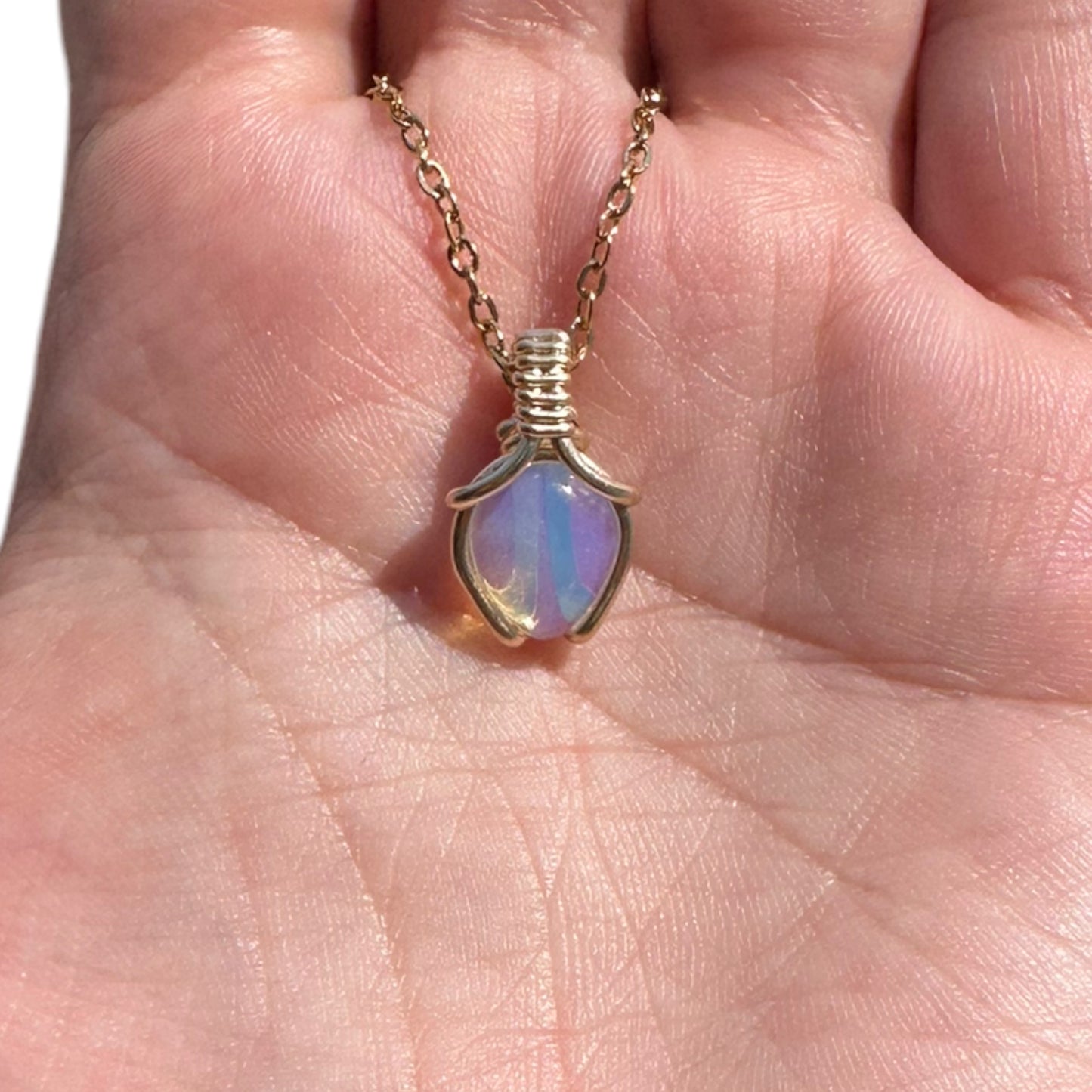 Sterling Silver | 14KT Gold Filled Mini Teardrop Opalite Wishbone Wire Wrapped Pendant