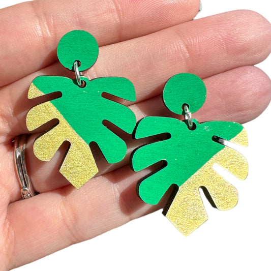 Hypoallergenic Hand Painted Green and Gold Botanical Leaf Dangle Laser Engraved Wooden Earrings