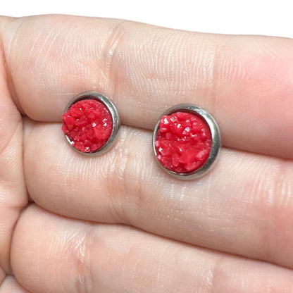 8MM Hypoallergenic Red Druzy Earring Studs