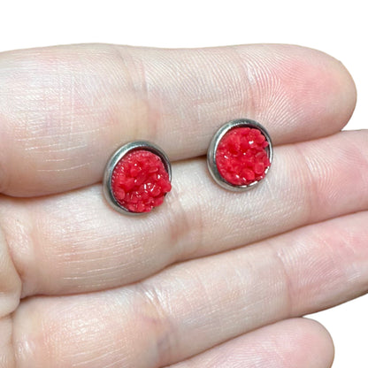 8MM Hypoallergenic Red Druzy Earring Studs