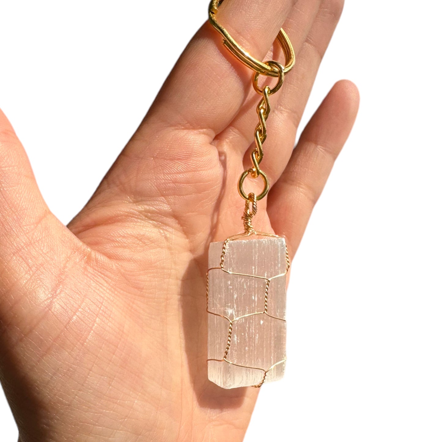 Silver | Gold Wire Wrapped Selenite Crystal Keychain