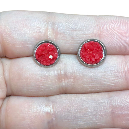 8MM Hypoallergenic Red Druzy Earring Studs