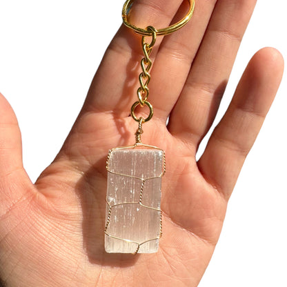 Silver | Gold Wire Wrapped Selenite Crystal Keychain