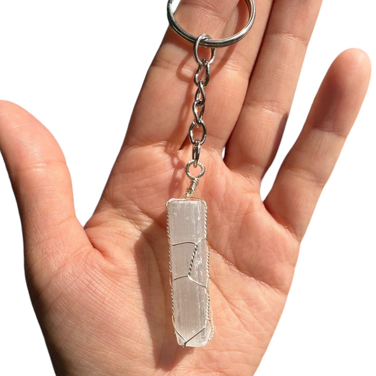 Silver | Gold Wire Wrapped Selenite Crystal Keychain