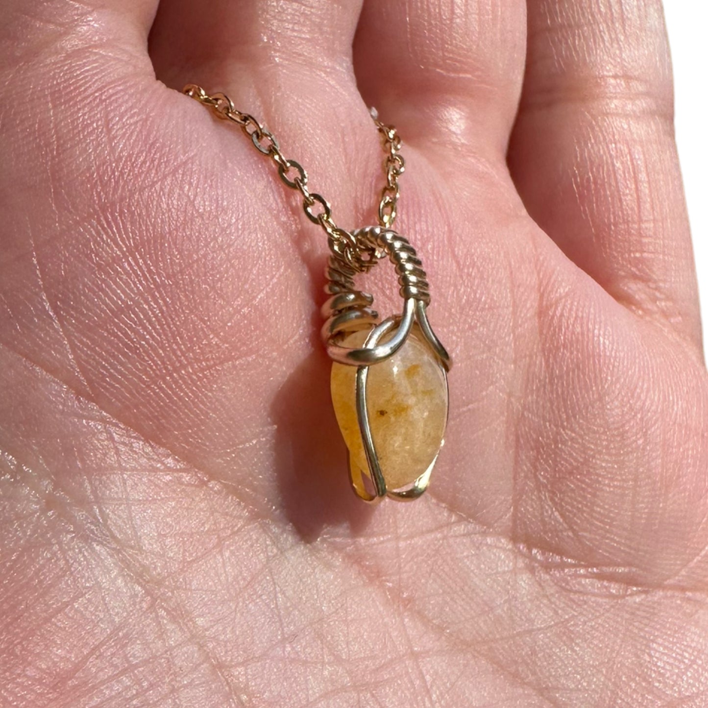 Sterling Silver | 14KT Gold Filled Mini Teardrop Yellow Jade Wishbone Wire Wrapped Pendant