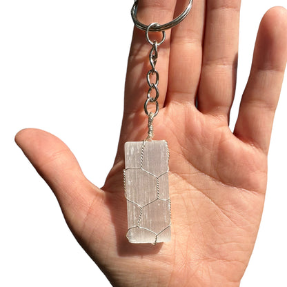 Silver | Gold Wire Wrapped Selenite Crystal Keychain