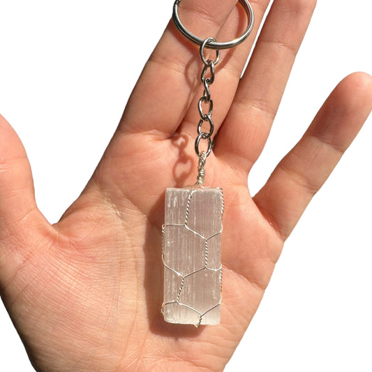 Silver | Gold Wire Wrapped Selenite Crystal Keychain