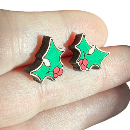 Hypoallergenic Christmas Holly Laser Engraved Wooden Earrings