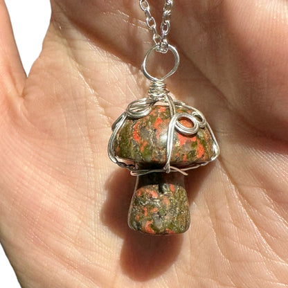 Sterling Silver | 14KT Gold Filled Wire Wrapped Unakite Crystal Mushroom Pendant