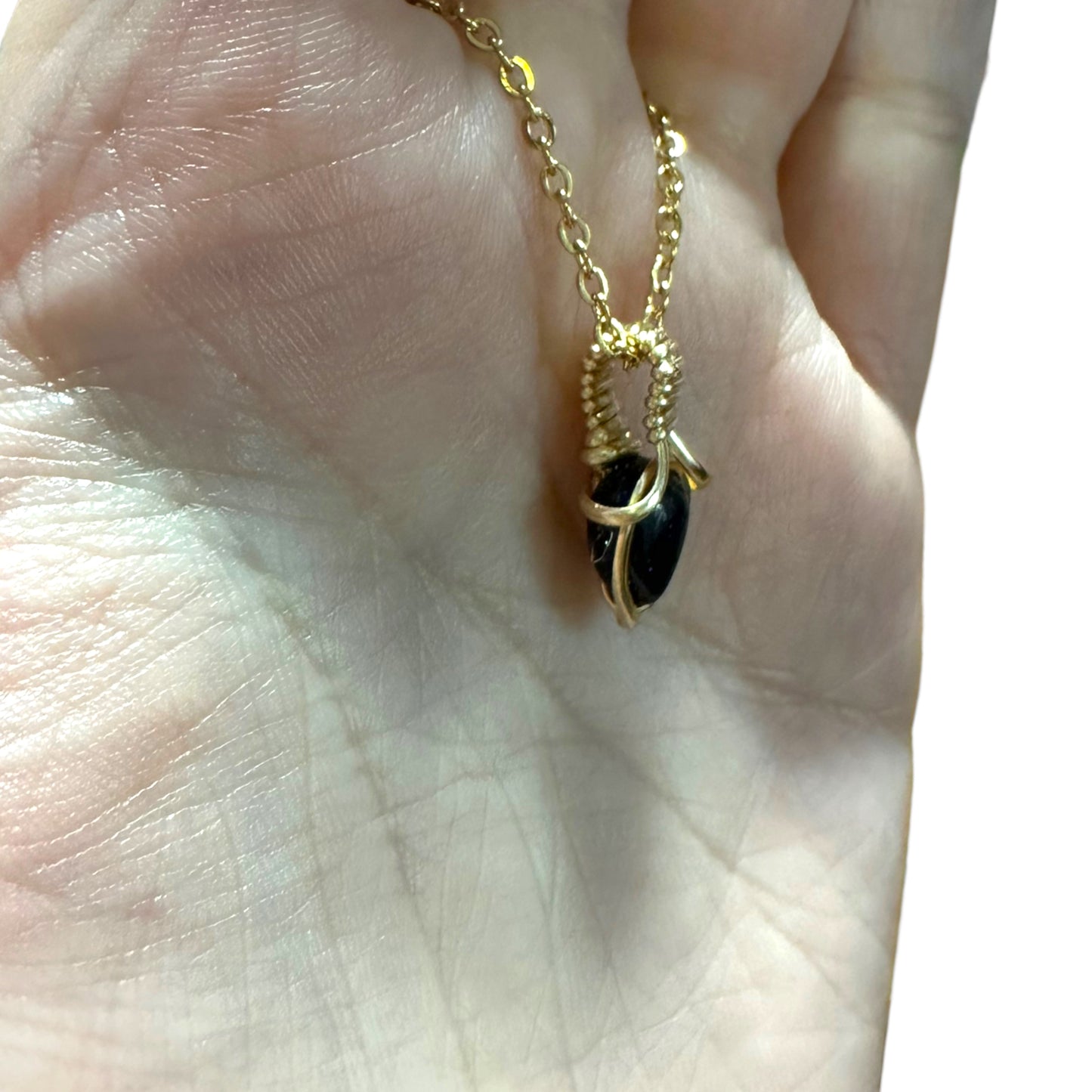 Sterling Silver | 14KT Gold Filled Mini Teardrop Blue Goldstone Wire Wrapped Wishbone Pendant