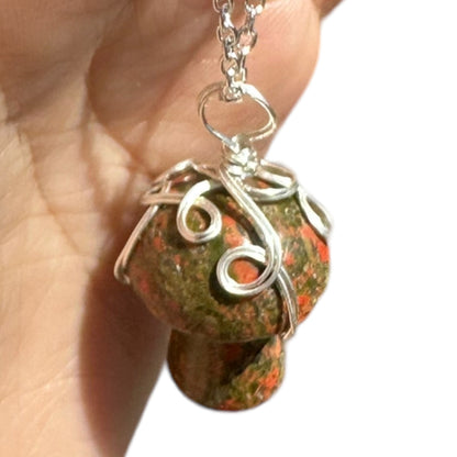 Sterling Silver | 14KT Gold Filled Wire Wrapped Unakite Crystal Mushroom Pendant