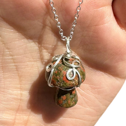 Sterling Silver | 14KT Gold Filled Wire Wrapped Unakite Crystal Mushroom Pendant