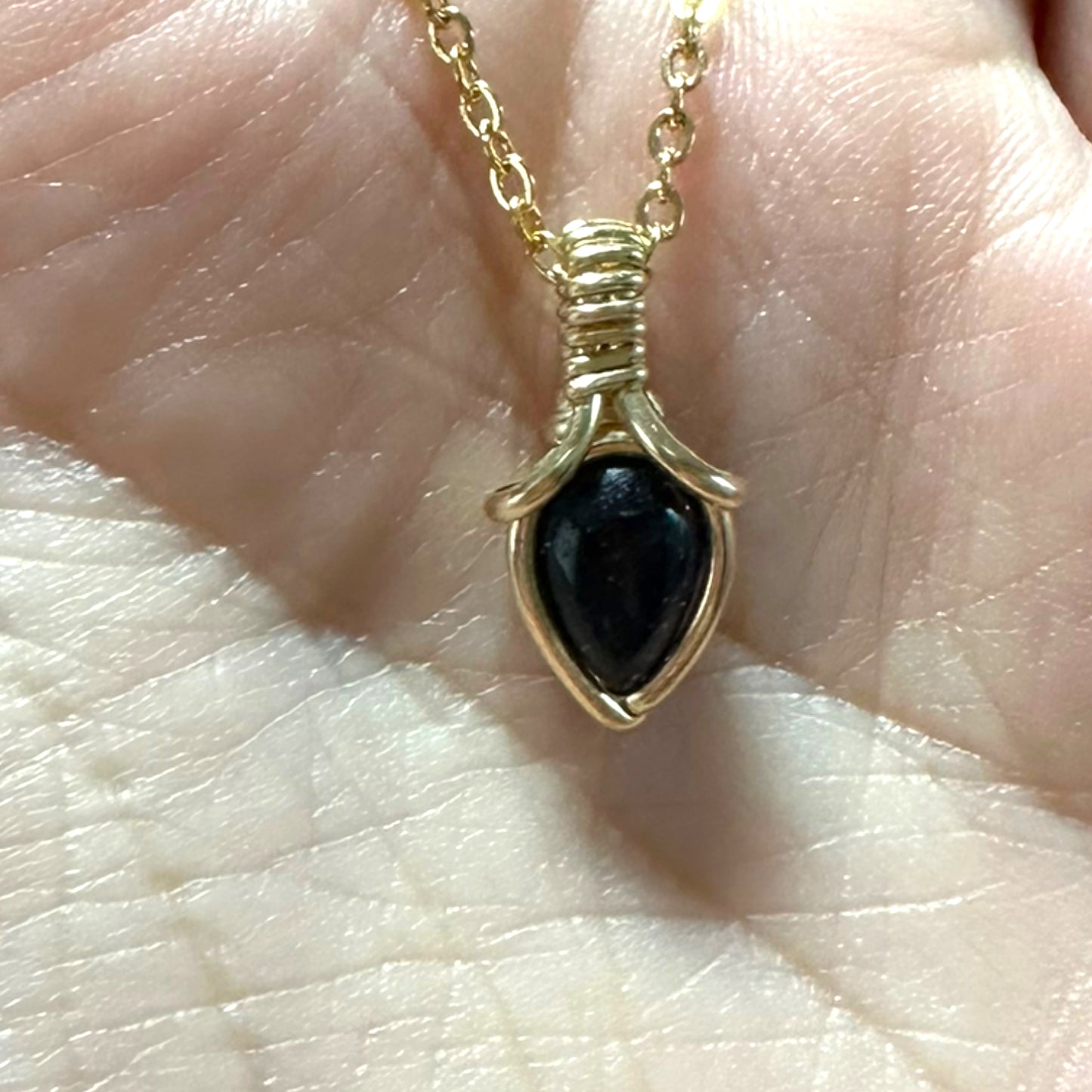 Sterling Silver | 14KT Gold Filled Mini Teardrop Blue Goldstone Wire Wrapped Wishbone Pendant